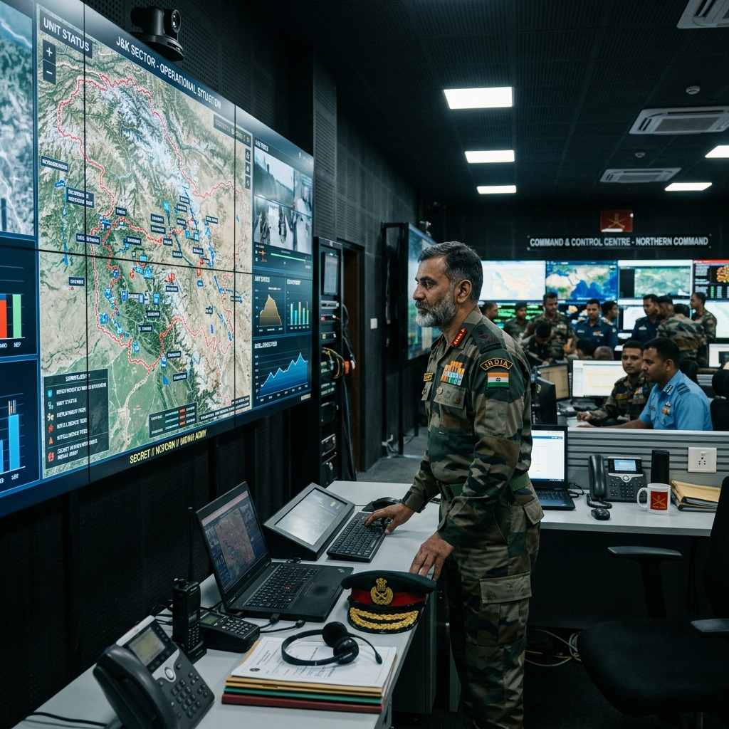 Secure Indian military command center with army officer in uniform monitoring electronic tactical maps
