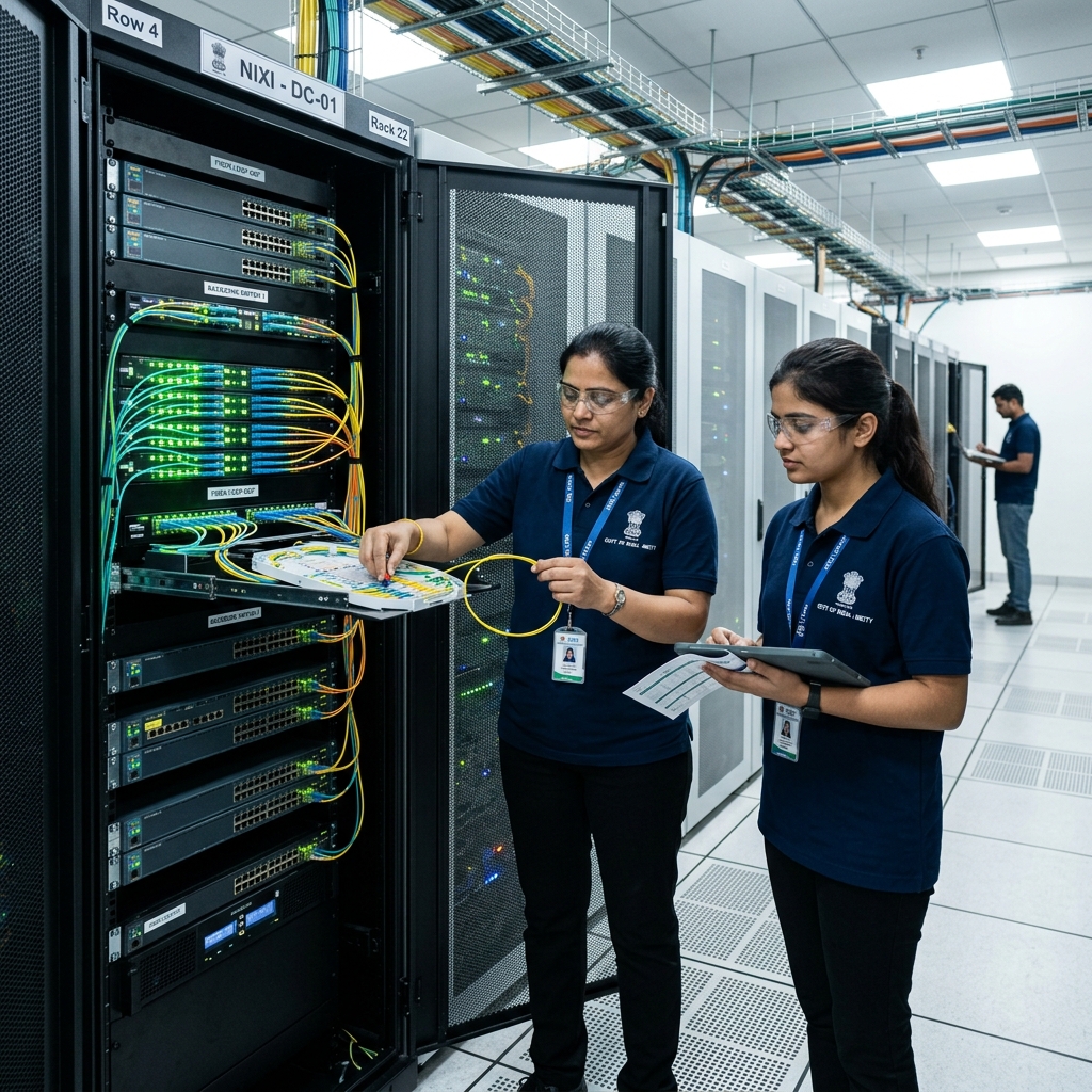 Indian government agency server cabinets with green and blue network lights