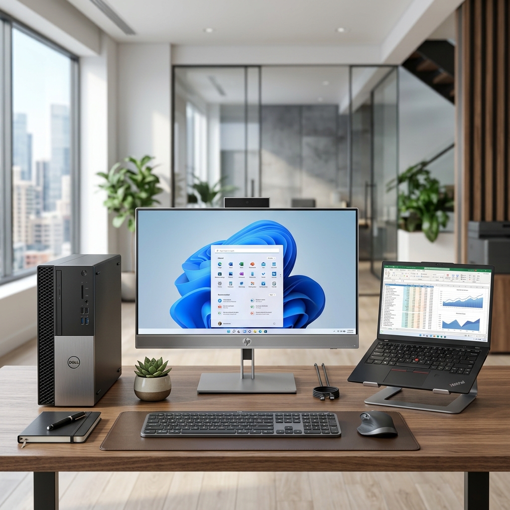Premium business computing hardware products: desktop tower, notebook laptop, and space-saving AIO computer
