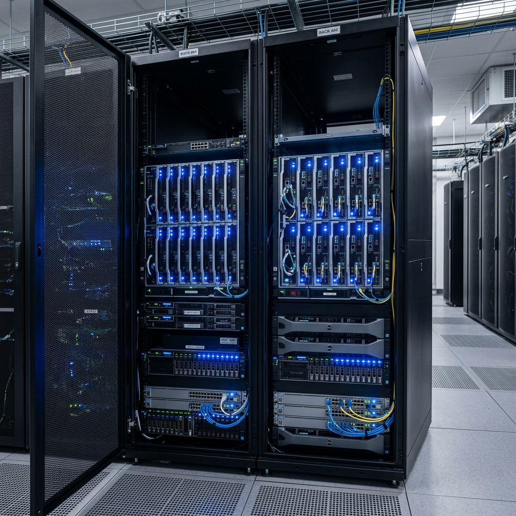 Enterprise blade and rack servers inside data center server rack