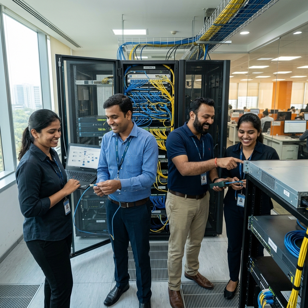Indian IT Engineers Configuring Enterprise Network Switches and Server Cabinets