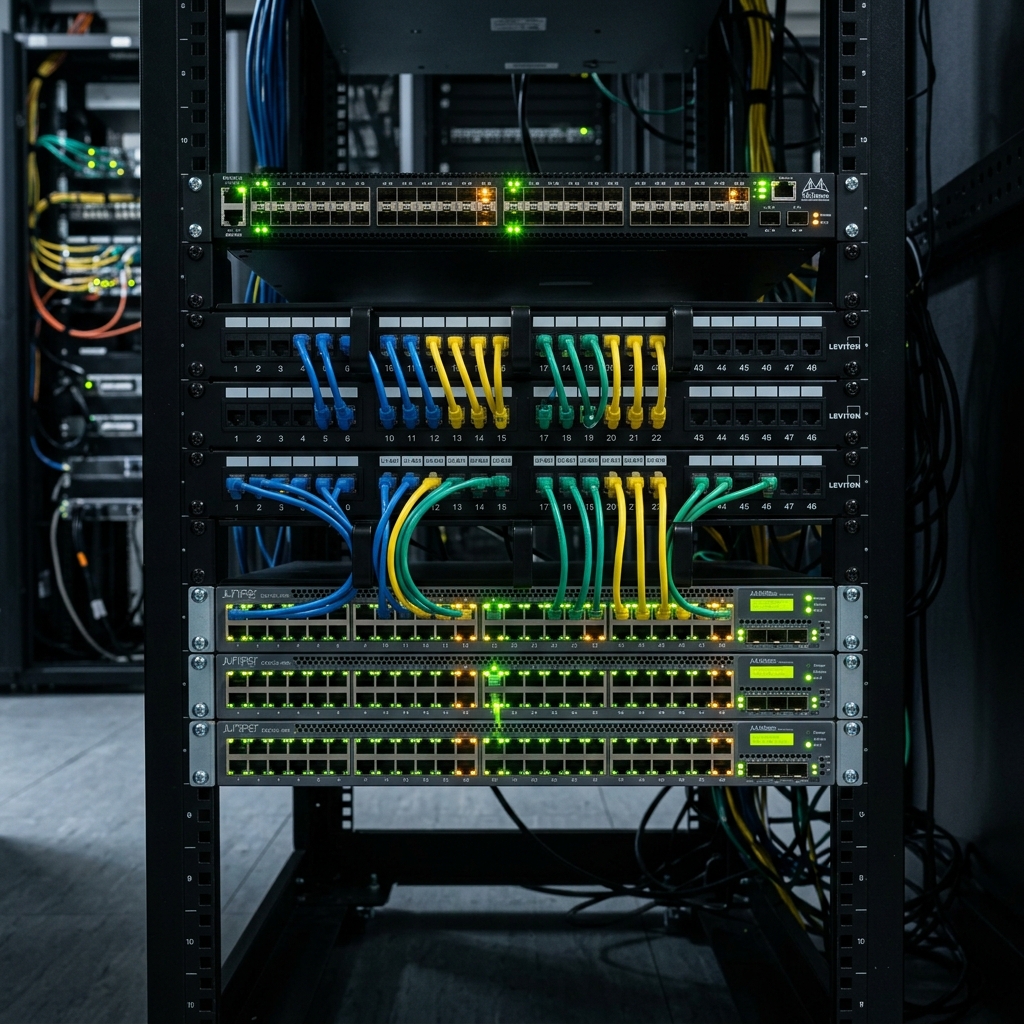 Gigabit enterprise network switches and patch cabling in server rack