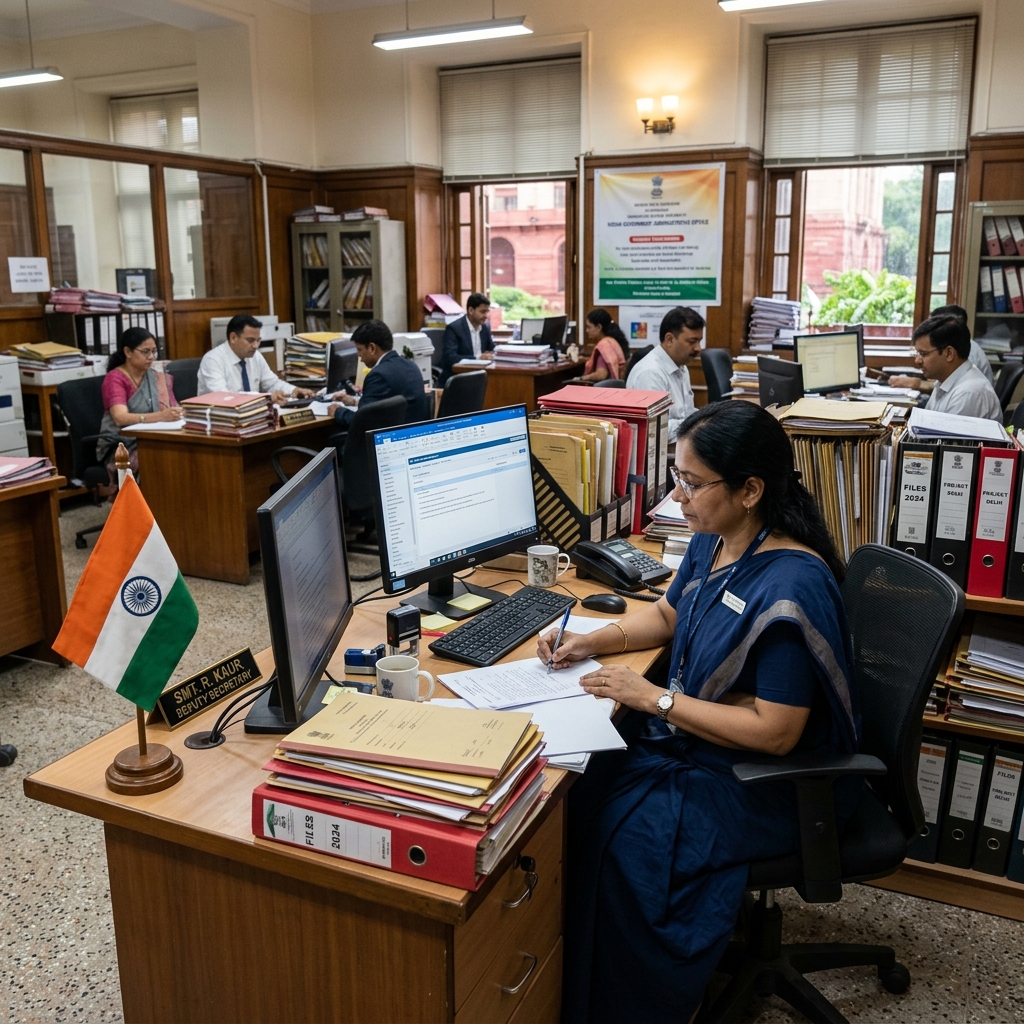Indian government administrative office in New Delhi with national flag