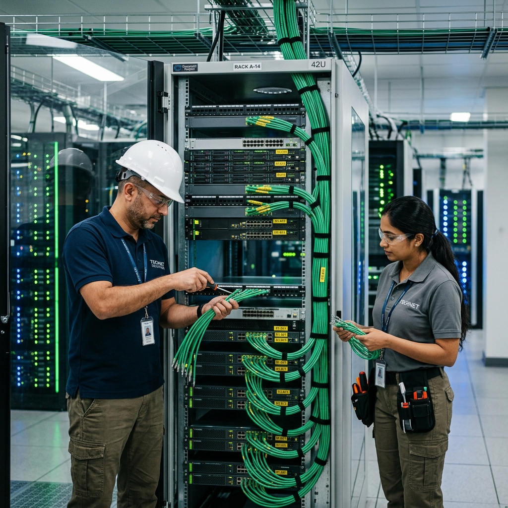 IT Integration Engineers Mounting Rack Hardware in clean room