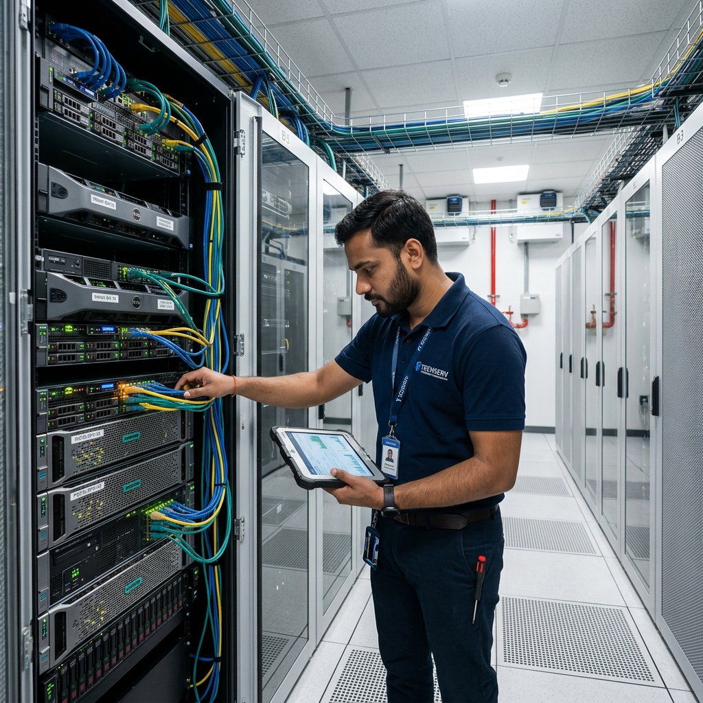 IT system administrator conducting network cabling maintenance in datacenter room