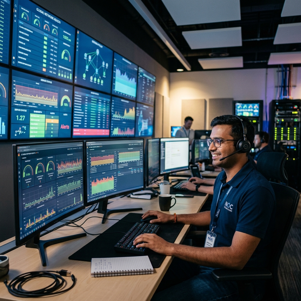 IT Specialist with Headset Monitoring Server Status Dashboards in Network Operations Center