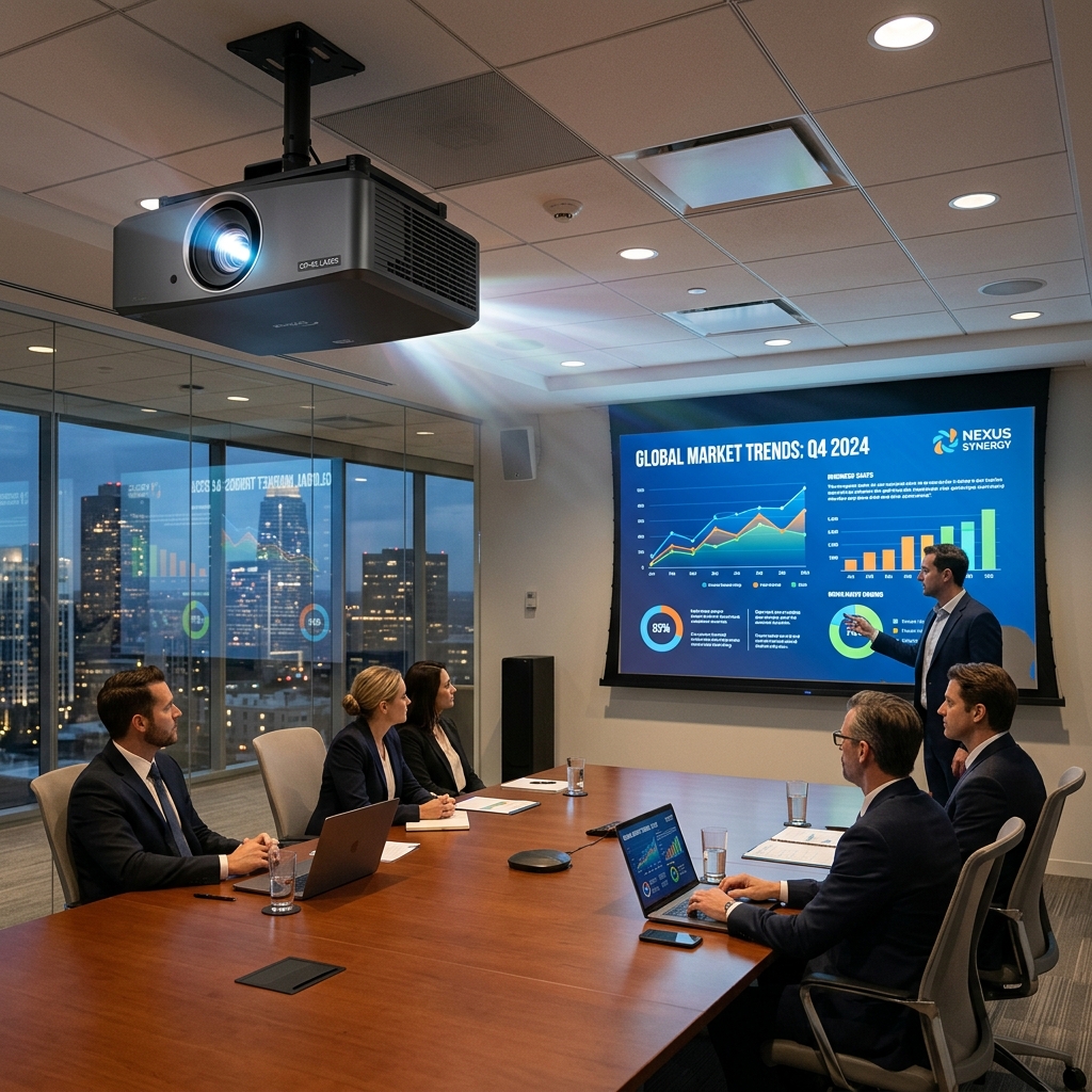 High-lumen 4K laser multimedia projector in corporate presentation hall