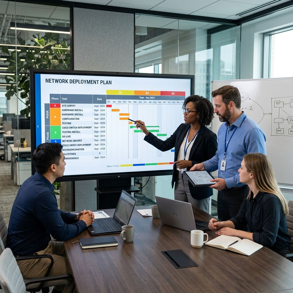 IT Project Managers Reviewing Deployment Timelines and Gantt Charts
