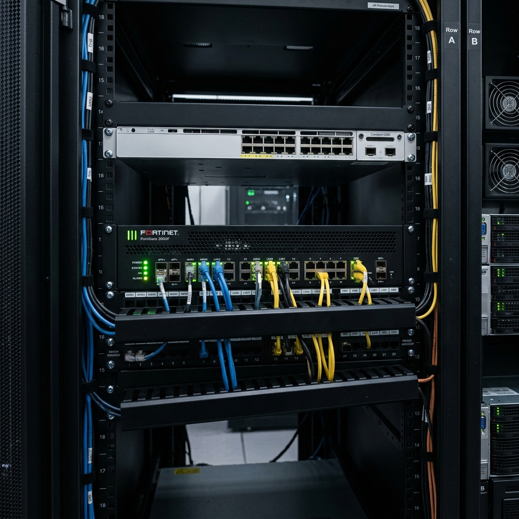 Corporate security network firewall appliance inside clean cabinet