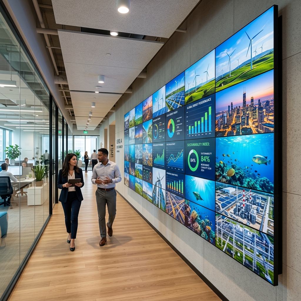 Large assembly video wall display screens