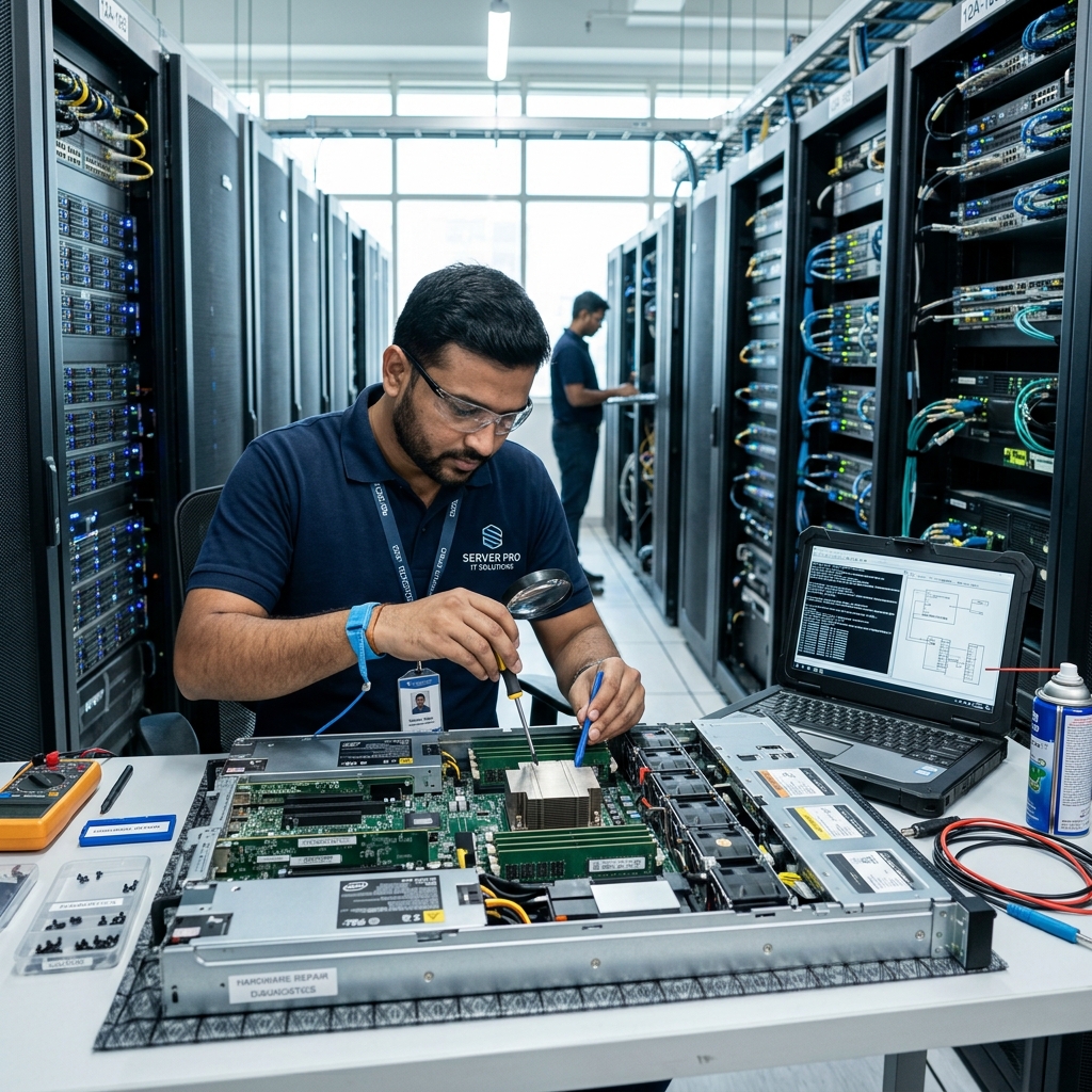 Hardware technician performing diagnostics and repairs on server motherboards